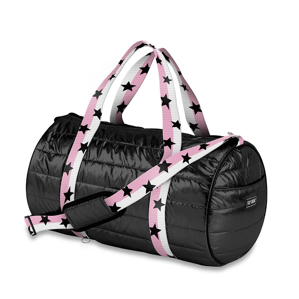 Black Puffer Duffle Bag Pink White Split Star Strap - Tiniboo