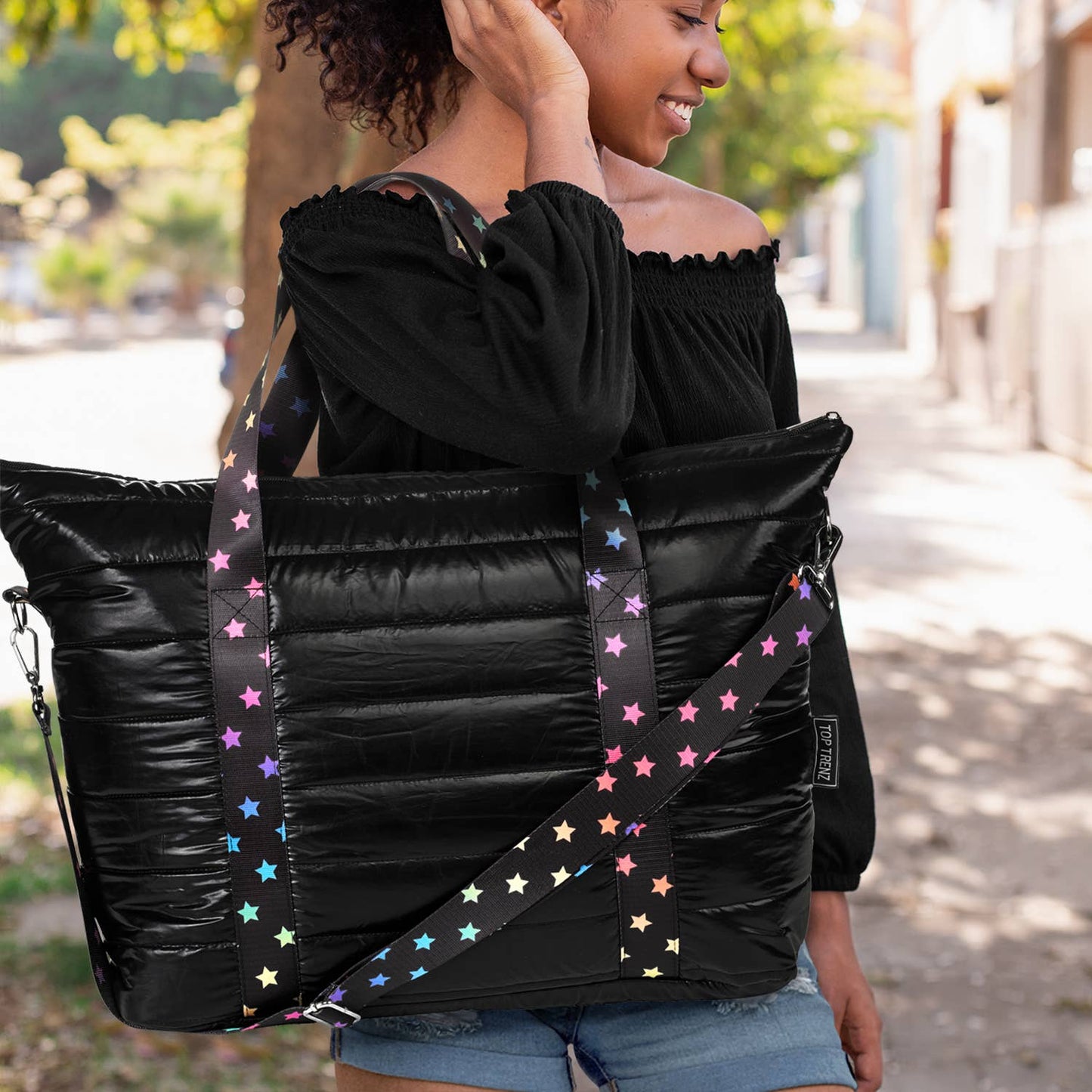 Black Puffer Tote with Scatter Star Strap - Tiniboo