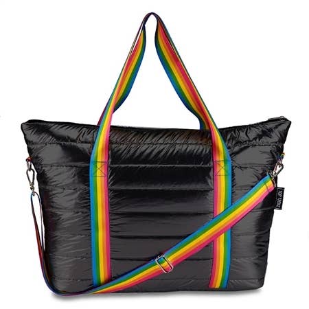 Black Puffer Tote Bag Primary Rainbow Stripe Straps - Tiniboo
