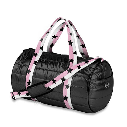 Black Puffer Duffle Bag Pink White Split Star Strap - Tiniboo