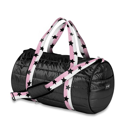Black Puffer Duffle Bag Pink White Split Star Strap - Tiniboo