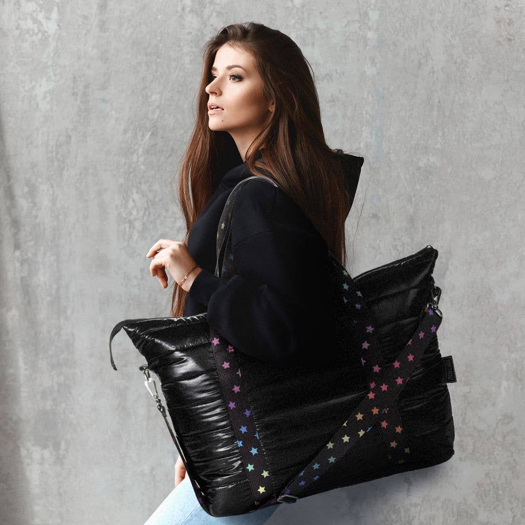 Black Puffer Tote  with Scatter Star Strap - Tiniboo