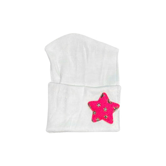White Cotton Hospital Hat With Hot Pink Star