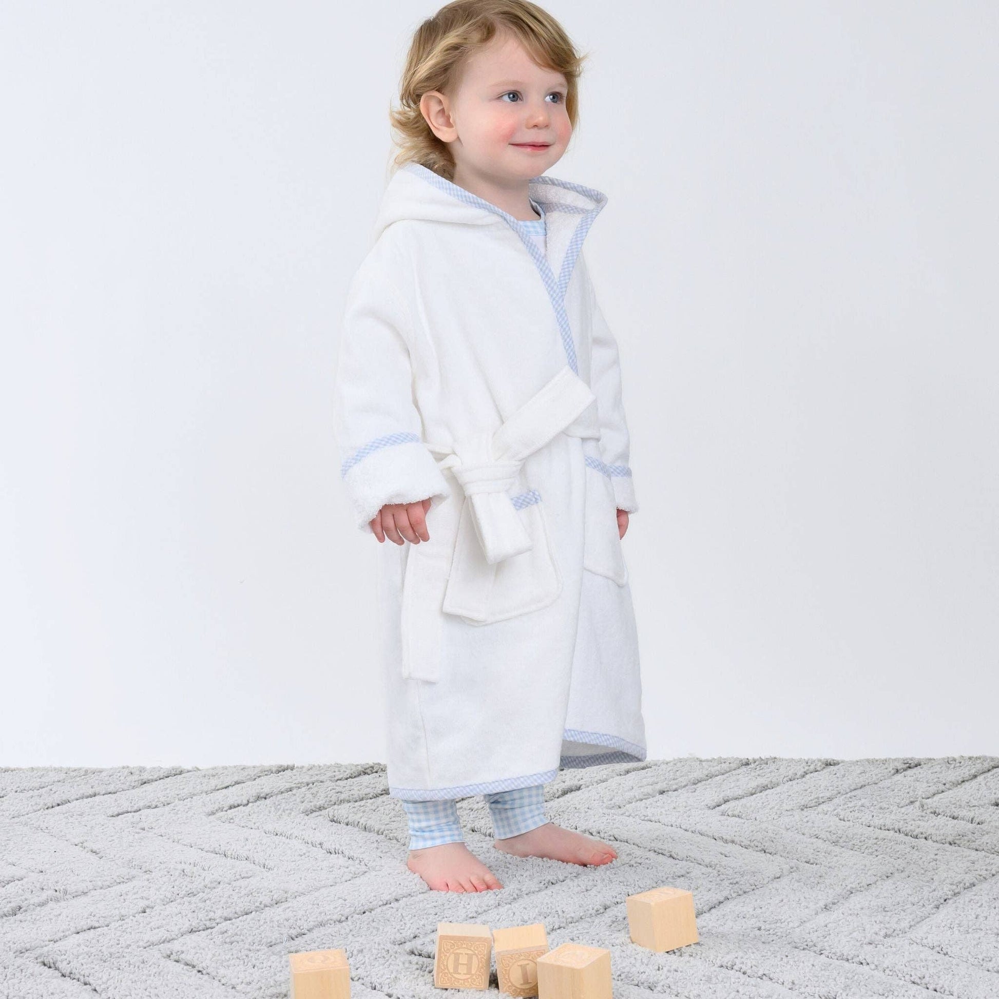 Essentials Light Blue Gingham Trim Bathrobe - Tiniboo