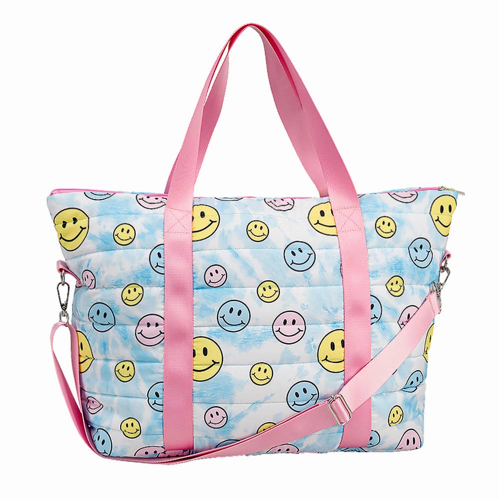 Happy Face Blue Tie-Dye Printed Puffer Tote Bag